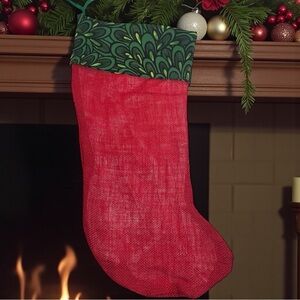Christmas Stocking red with green Trim burlap hand crafted lined